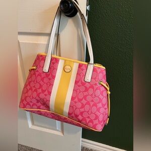 Pink and yellow Coach tote